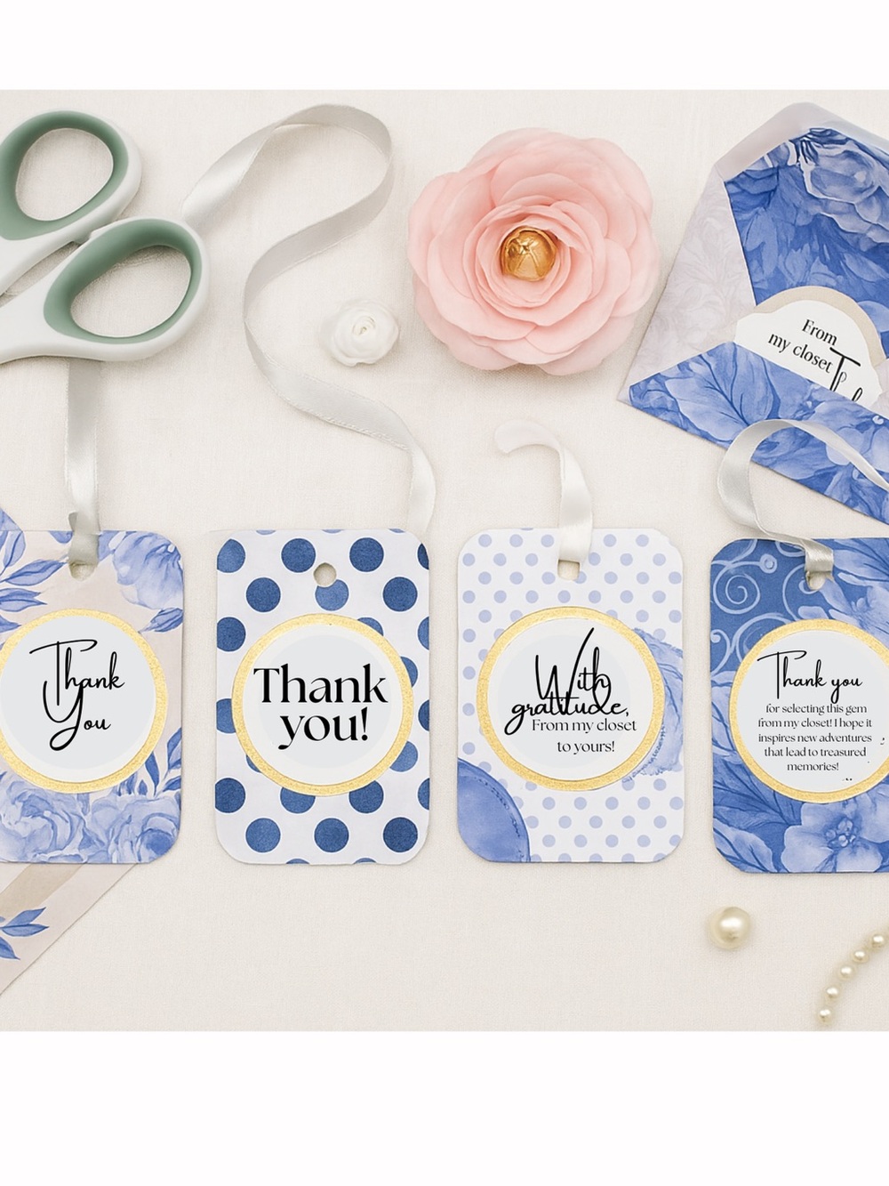 Blue Floral & Polka Dot Gift Tags - Thank You Set